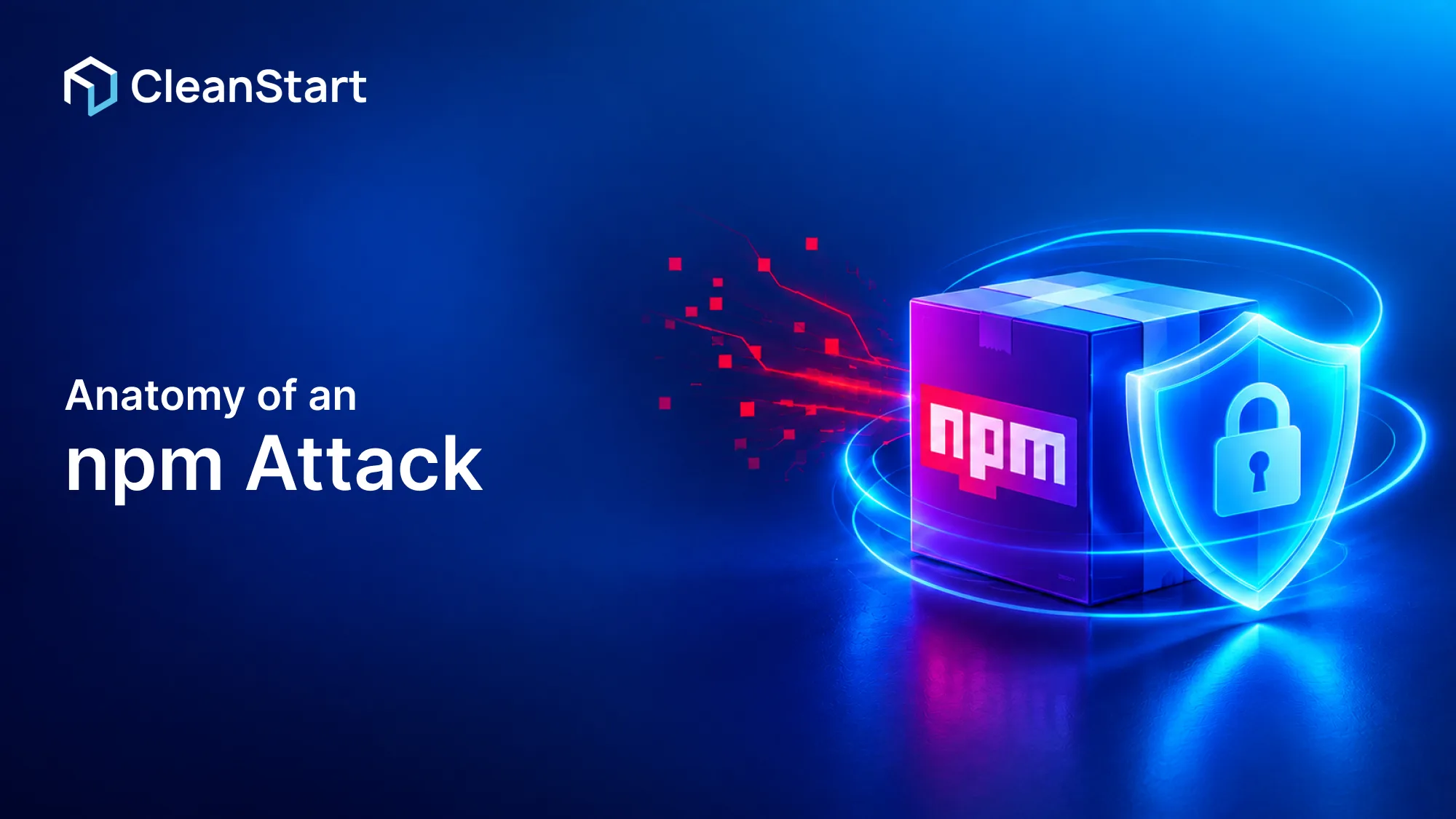 An npm package cube behind a padlocked shield, on the webinar title card