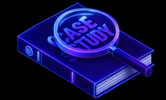 Case study illustration: a magnifying glass over a book