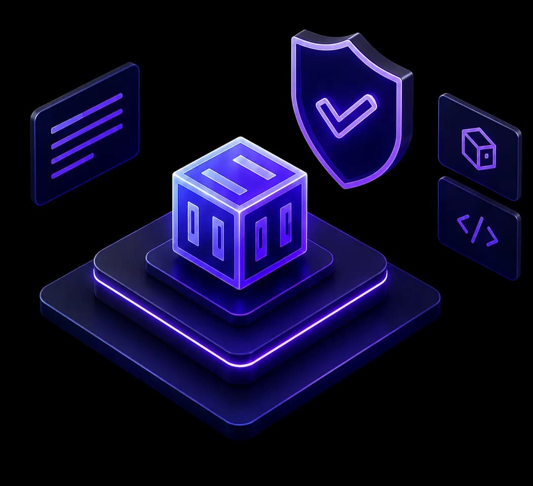 3D isometric container image illustrating CleanStart's hardened, FIPS-compliant image pipeline with security shield and code modules.