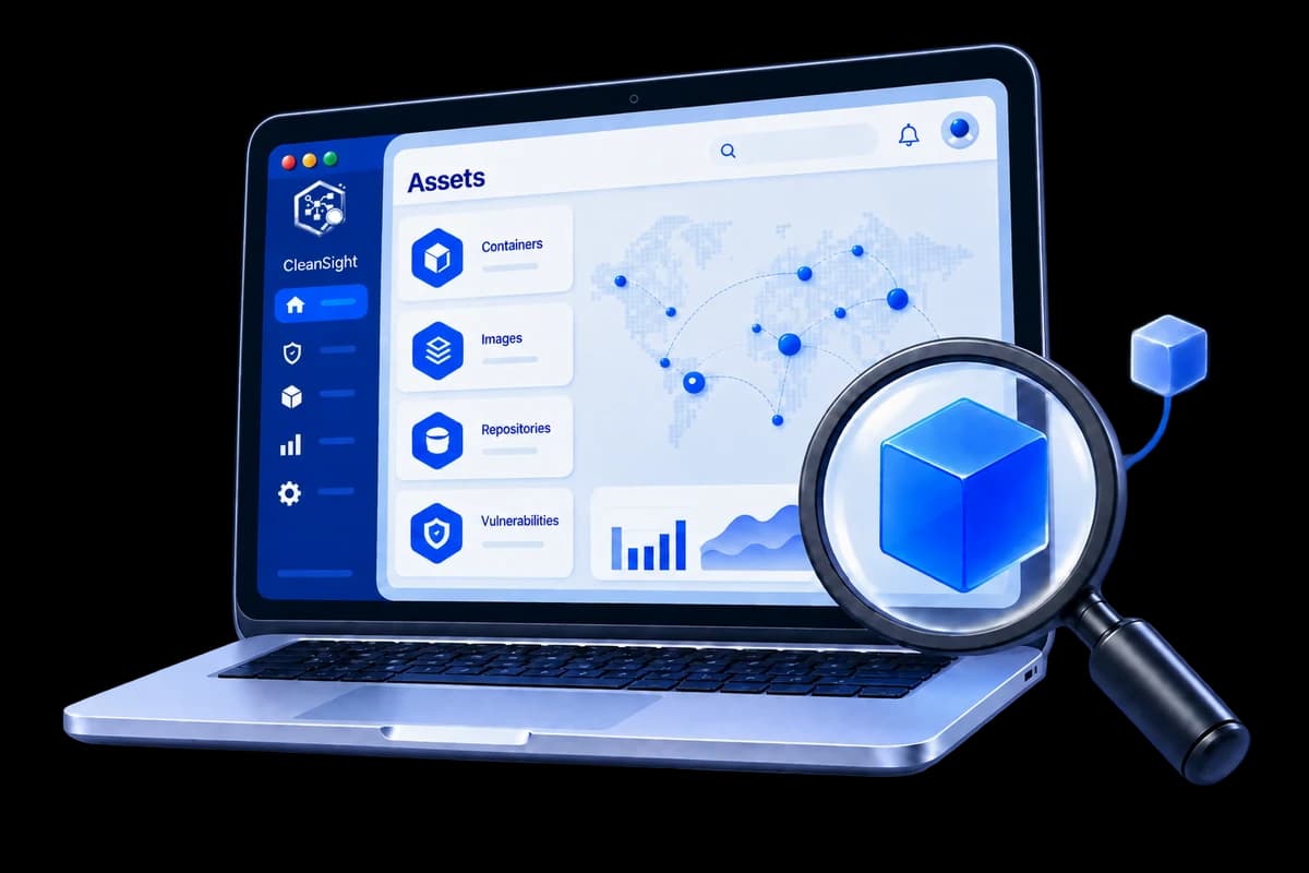 The CleanSight dashboard, badged with the CleanSight product logo, showing discovered assets across containers, images, repositories and vulnerabilities on a world map, with a magnifying glass revealing a verified software component
