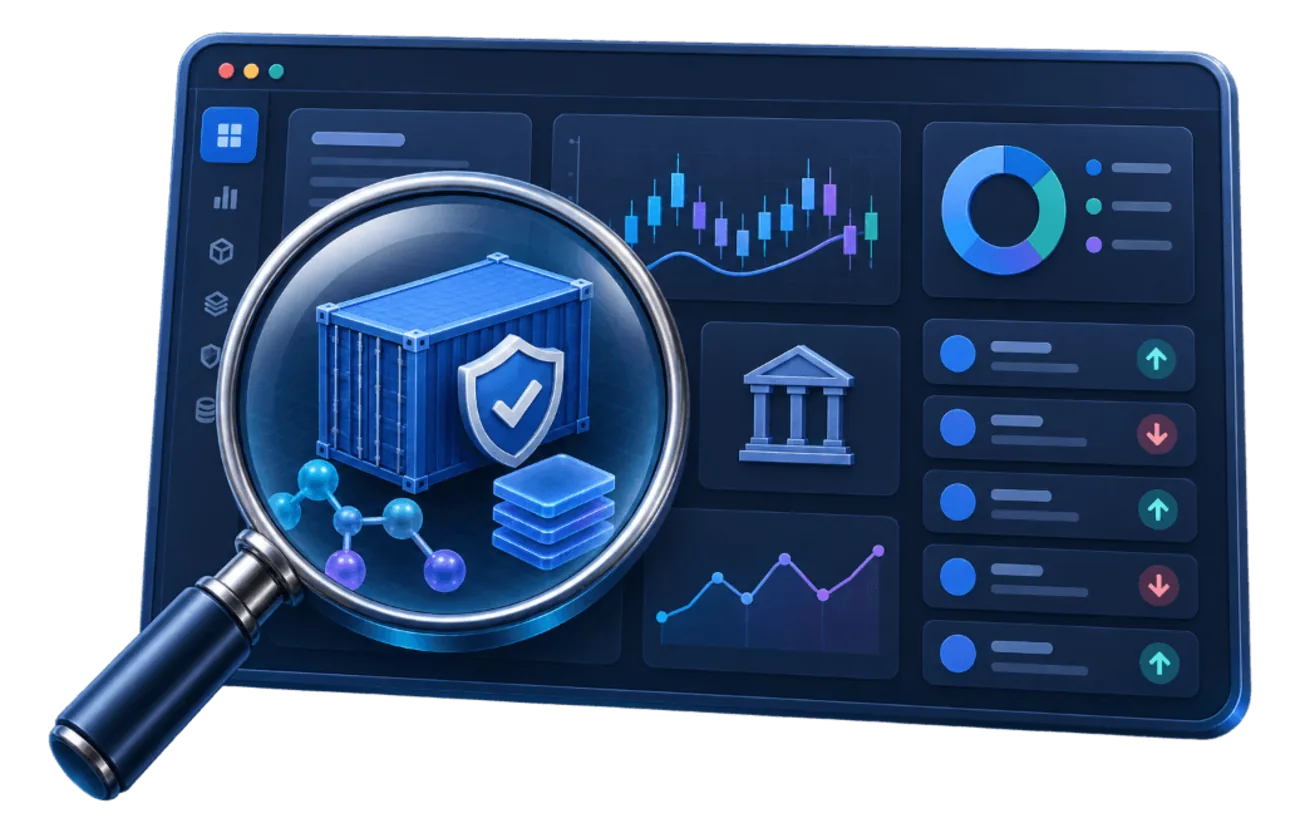 A financial analytics dashboard with a magnifying glass inspecting a verified, shielded software container