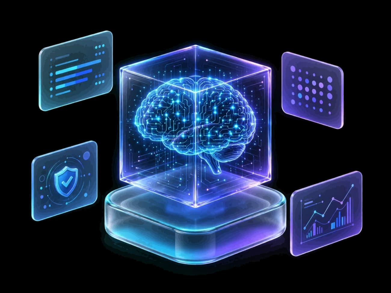 A glowing glass cube holding a circuit-trace brain on a glass pedestal, surrounded by floating security panels