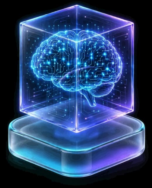 The Tricorder intelligence layer: a glowing glass cube holding a circuit-trace brain