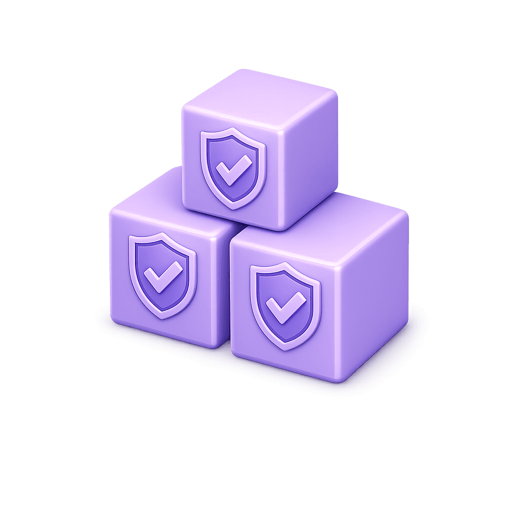 A neat stack of violet cubes each marked with a shield checkmark, representing trusted, secure software foundations