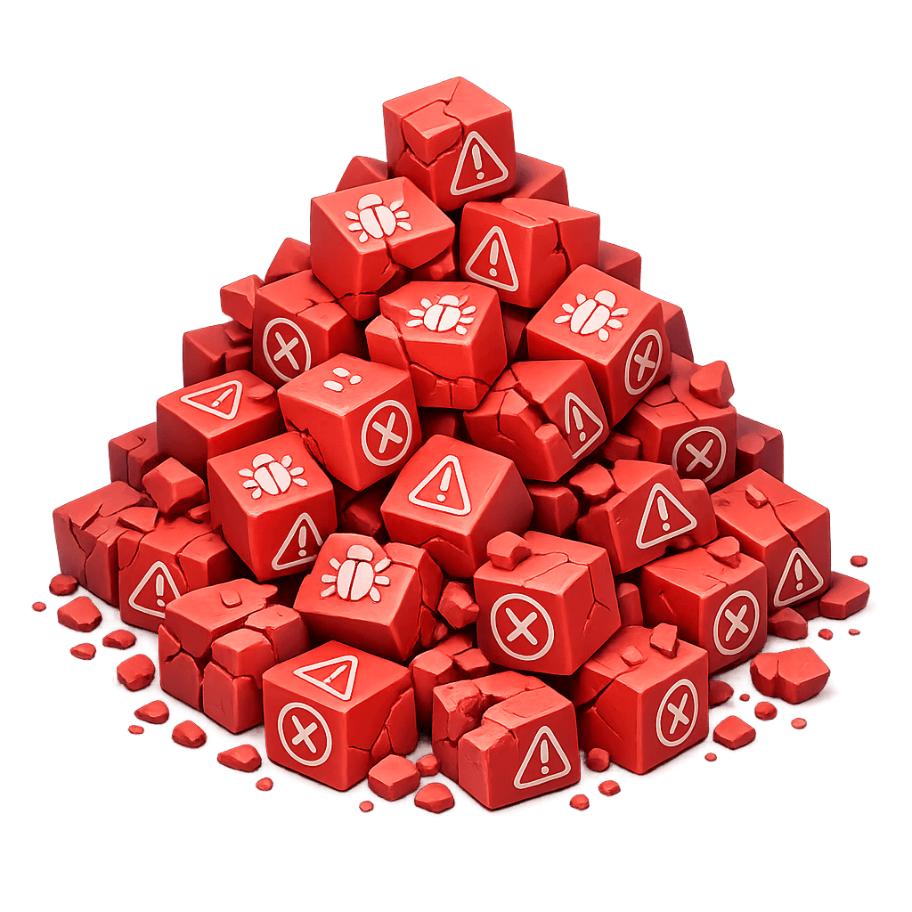 A chaotic pile of red cubes marked with bug and warning icons, representing inherited software risk