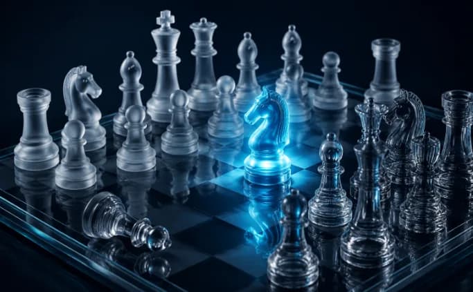 Glowing blue chess knight standing out among glass chess pieces on a dark board